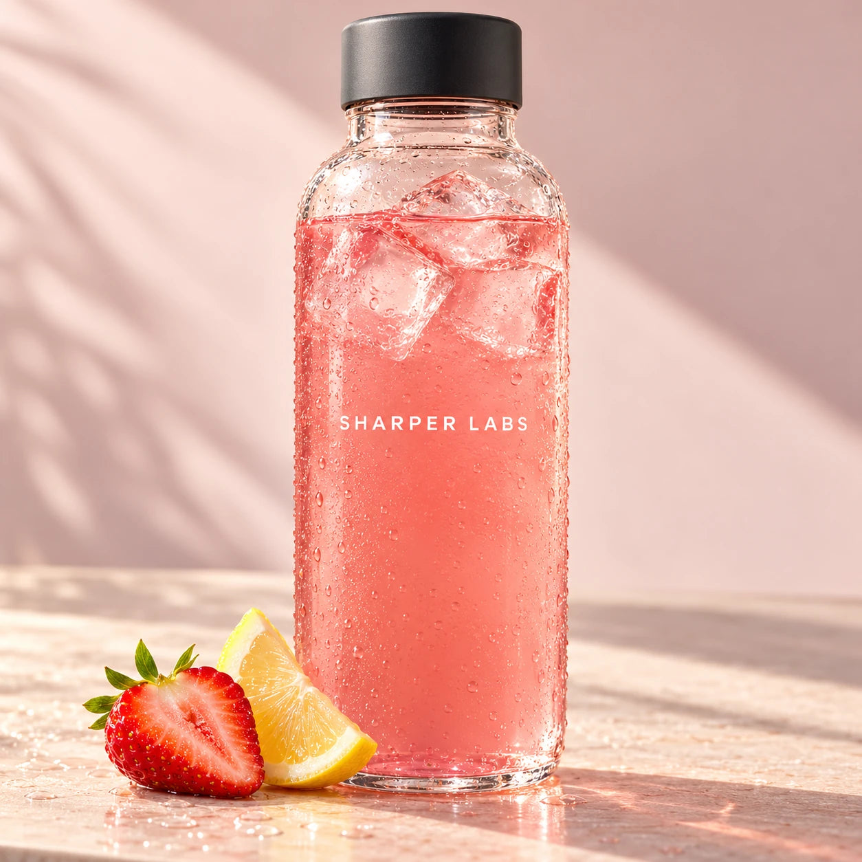 Sharper Labs drink in a reusable bottle with strawberry and lemon